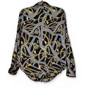 Michel C Design Black Gold Chain Print Baroque Blouse Size Medium Versace Style